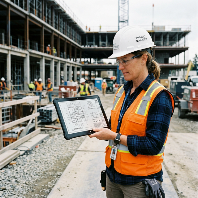 Project manager reviewing plans on a tablet at a construction site