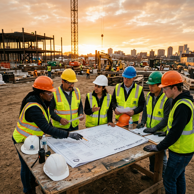 Construction team collaborating over blueprints